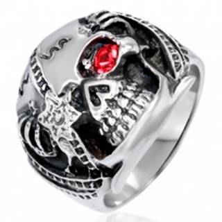 Mohutný prsteň z ocele - lebka bojovníka s červeným zirkónom, patina - Veľkosť: 54 mm
