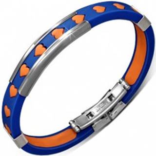 Náramok z gumy - modrý s oranžovými srdiečkami a kovovými ozdobami