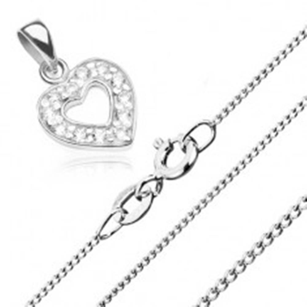 Šperky eshop Náhrdelník zo striebra 925, zirkónový obrys srdca a ligotavá retiazka