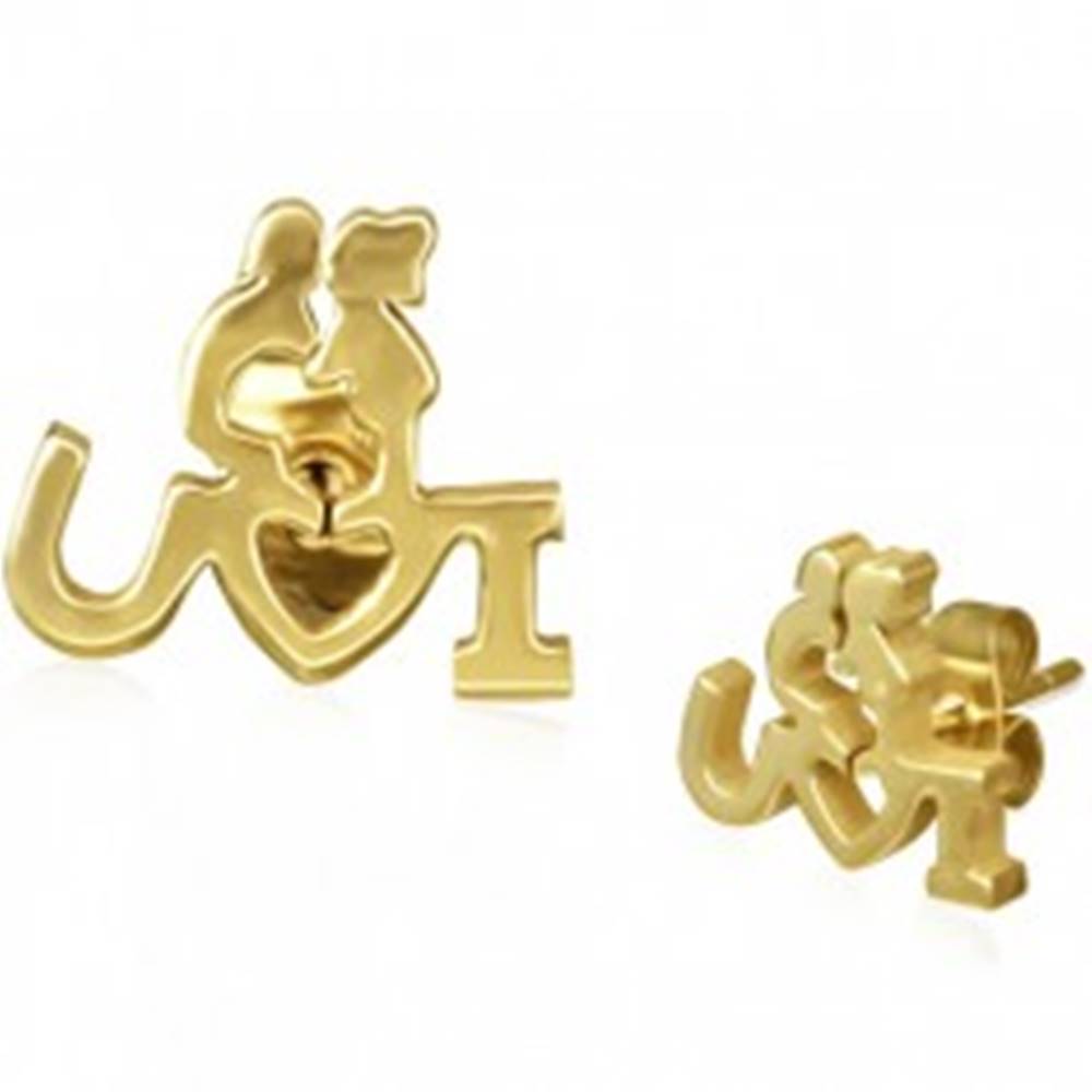 Šperky eshop Oceľové náušnice zlatej farby - zaľúbený párik s vyznaním lásky, puzetky