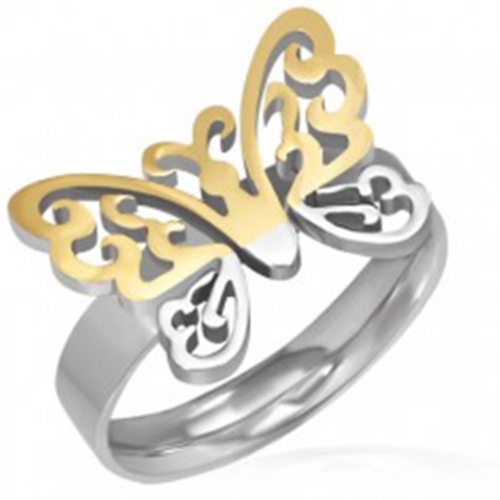 Šperky eshop Oceľový prsteň - vyrezávaný motýľ zlato-striebornej farby - Veľkosť: 52 mm