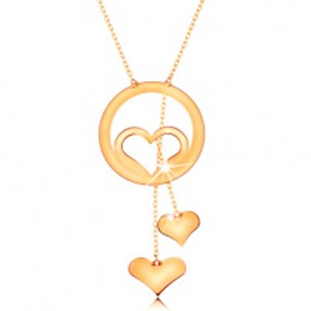 Šperky eshop Zlatý náhrdelník 585 - kontúra srdca v obruči a dve visiace srdiečka na retiazkach