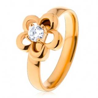 Oceľový prsteň v zlatom odtieni, kvietok, vyvýšený okrúhly zirkón čírej farby - Veľkosť: 49 mm