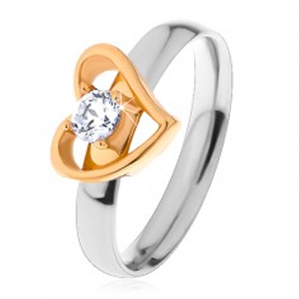 Šperky eshop Dvojfarebný prsteň z ocele 316L - asymetrická kontúra srdca, číry zirkón - Veľkosť: 49 mm