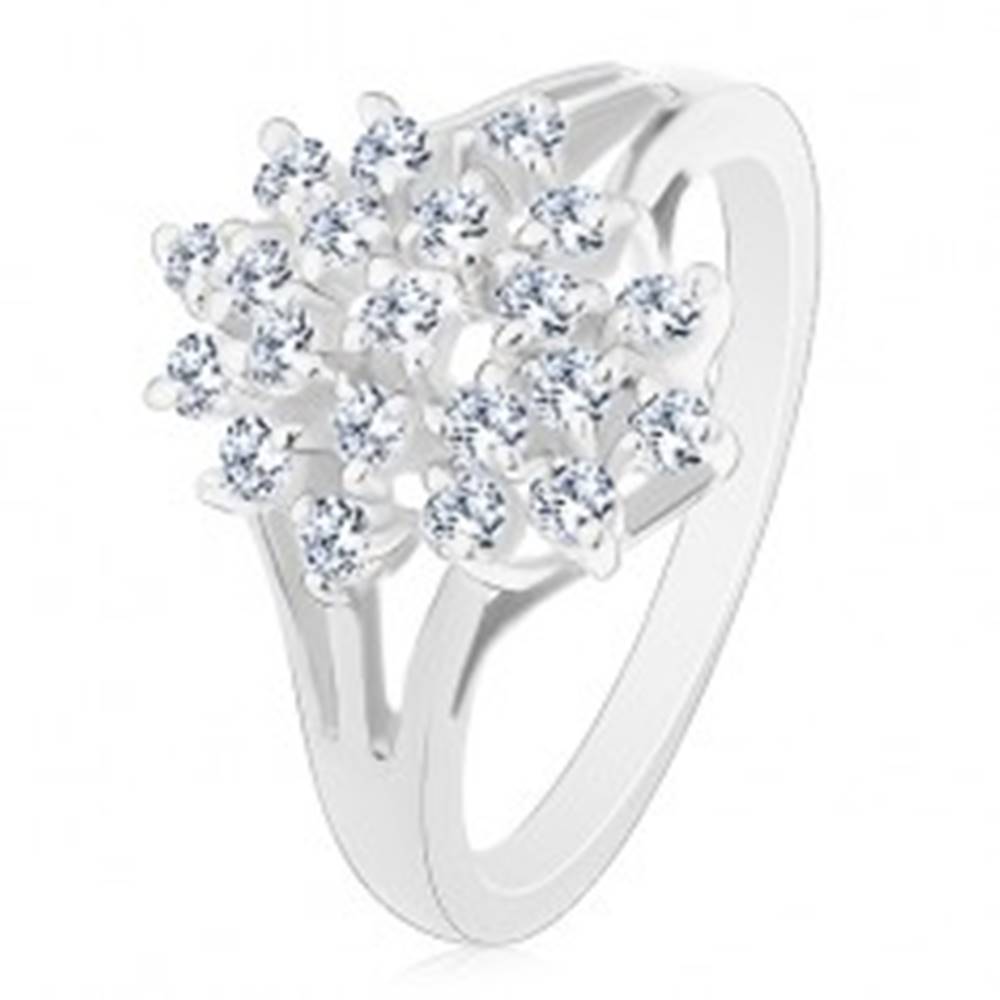 Šperky eshop Lesklý prsteň - strieborná farba, rozvetvené ramená, číre okrúhle zirkóny - Veľkosť: 48 mm
