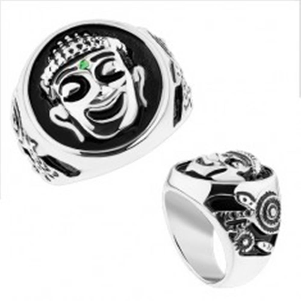 Šperky eshop Masívny prsteň, oceľ 316L, strieborná farba, čierna glazúra, usmiaty Budha - Veľkosť: 59 mm