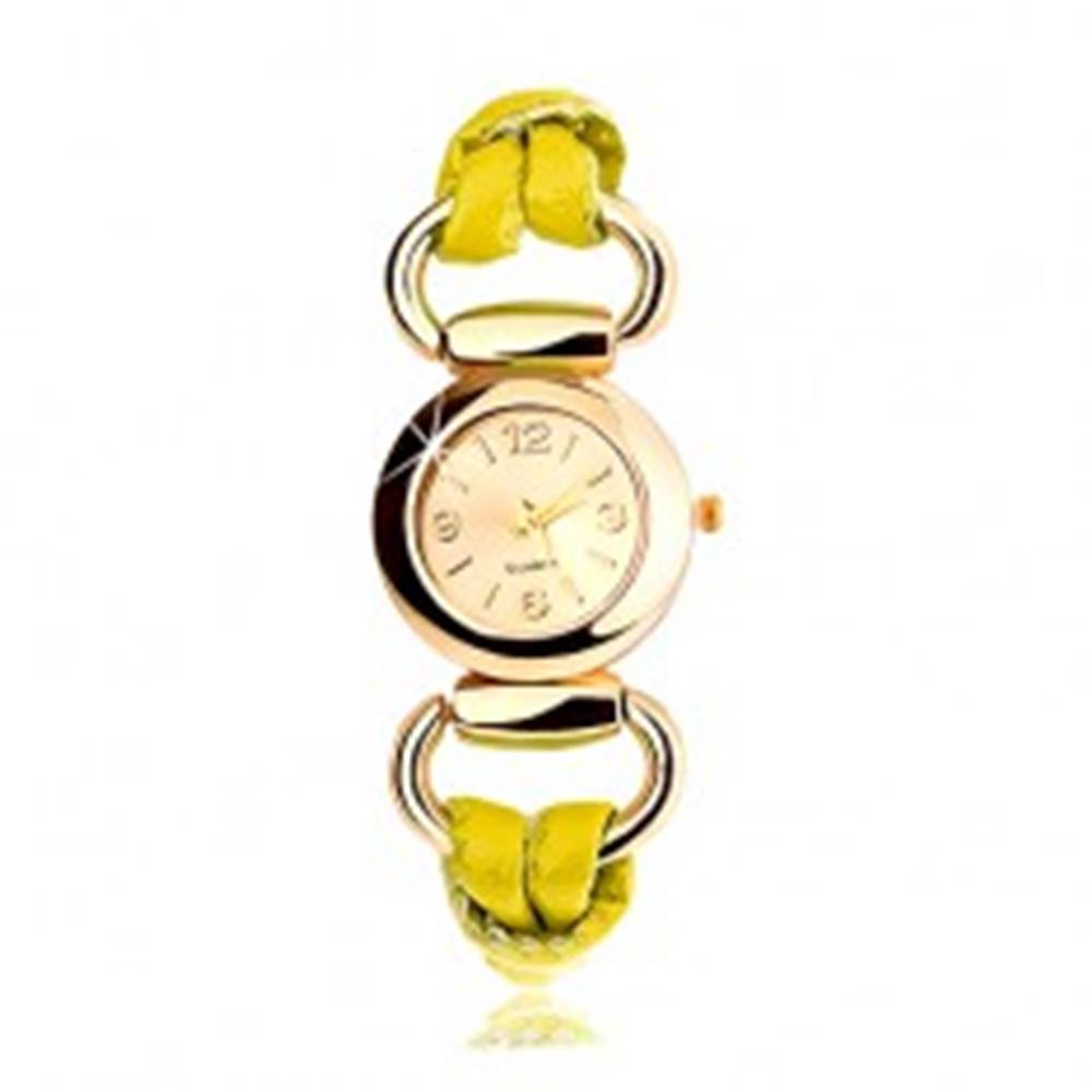 Šperky eshop Náramkové hodinky, remienok zo žltého latexu, okrúhly ciferník zlatej farby