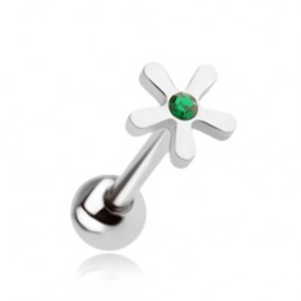 Šperky eshop Oceľový piercing do jazyka, kvet so zeleným zirkónom