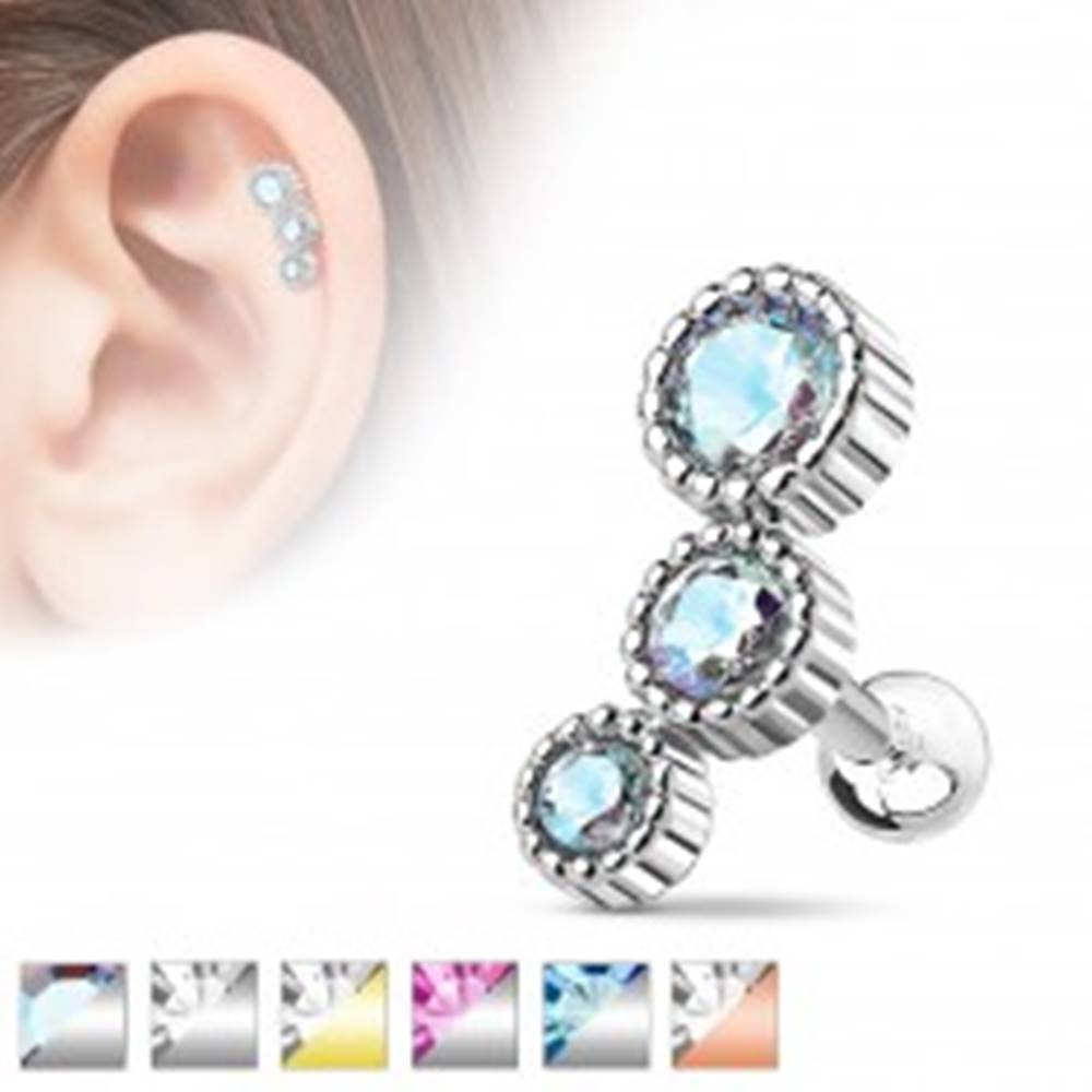Šperky eshop Oceľový piercing do tragusu, trojica okrúhlych farebných zirkónikov - Farba: Aqua modrá