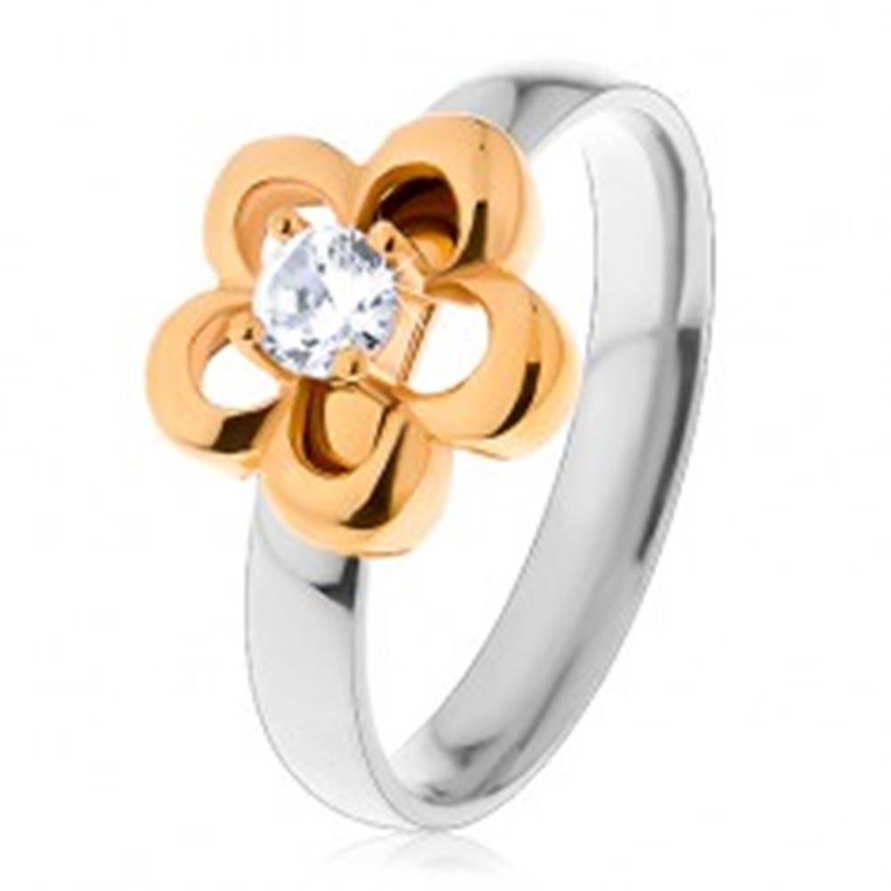 Šperky eshop Oceľový prsteň v dvojfarebnom prevedení, obrys kvetu s vyvýšeným čírym zirkónom - Veľkosť: 49 mm