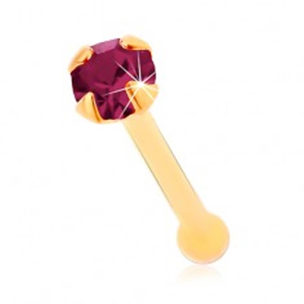 Šperky eshop Piercing do nosa v žltom 14K zlate, rovný - okrúhly zirkónik fialovej farby, 1,5 mm