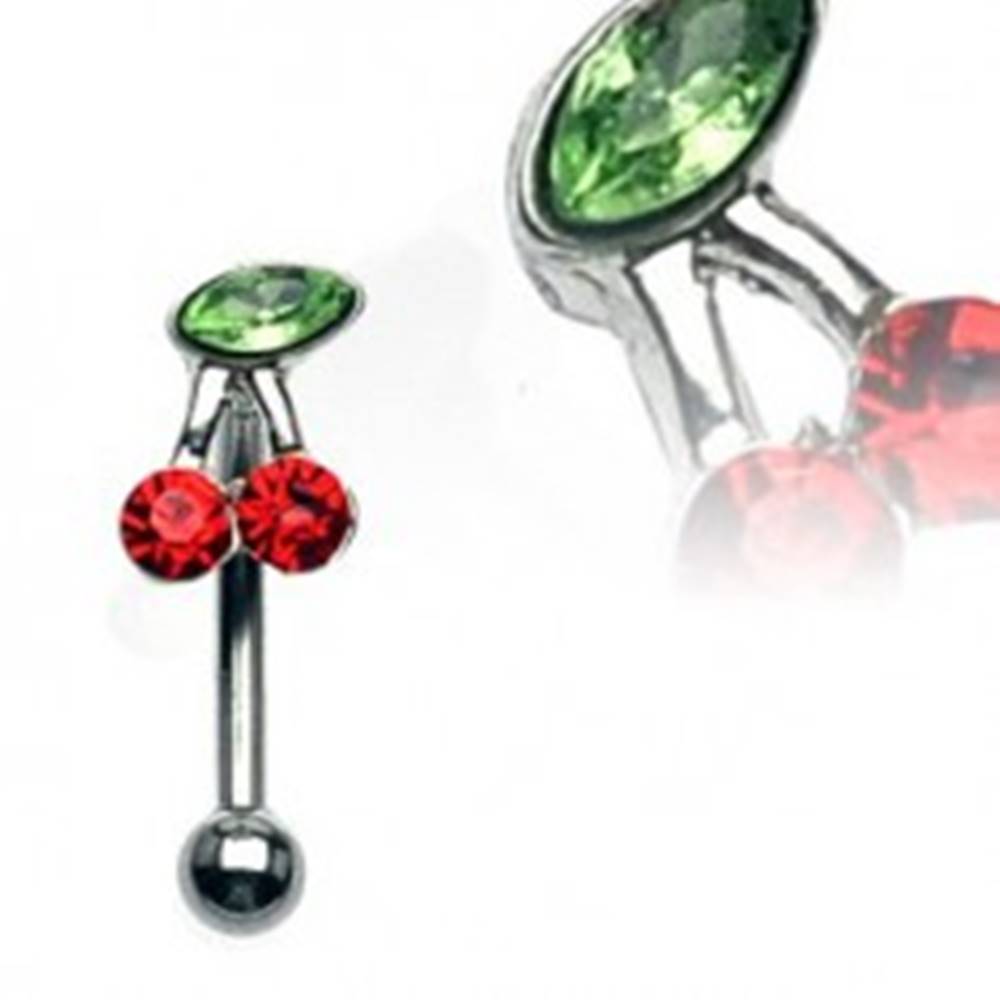 Šperky eshop Piercing do obočia - čerešňa so zelenými a červenými zirkónmi