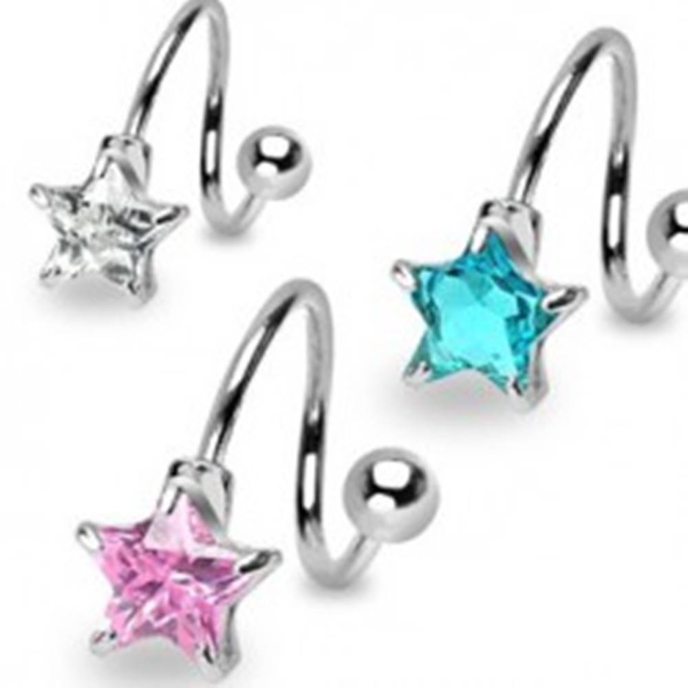 Šperky eshop Oceľový piercing do obočia - špirálka s päťcípou zirkónovou hviezdou - Farba zirkónu: Aqua modrá - Q