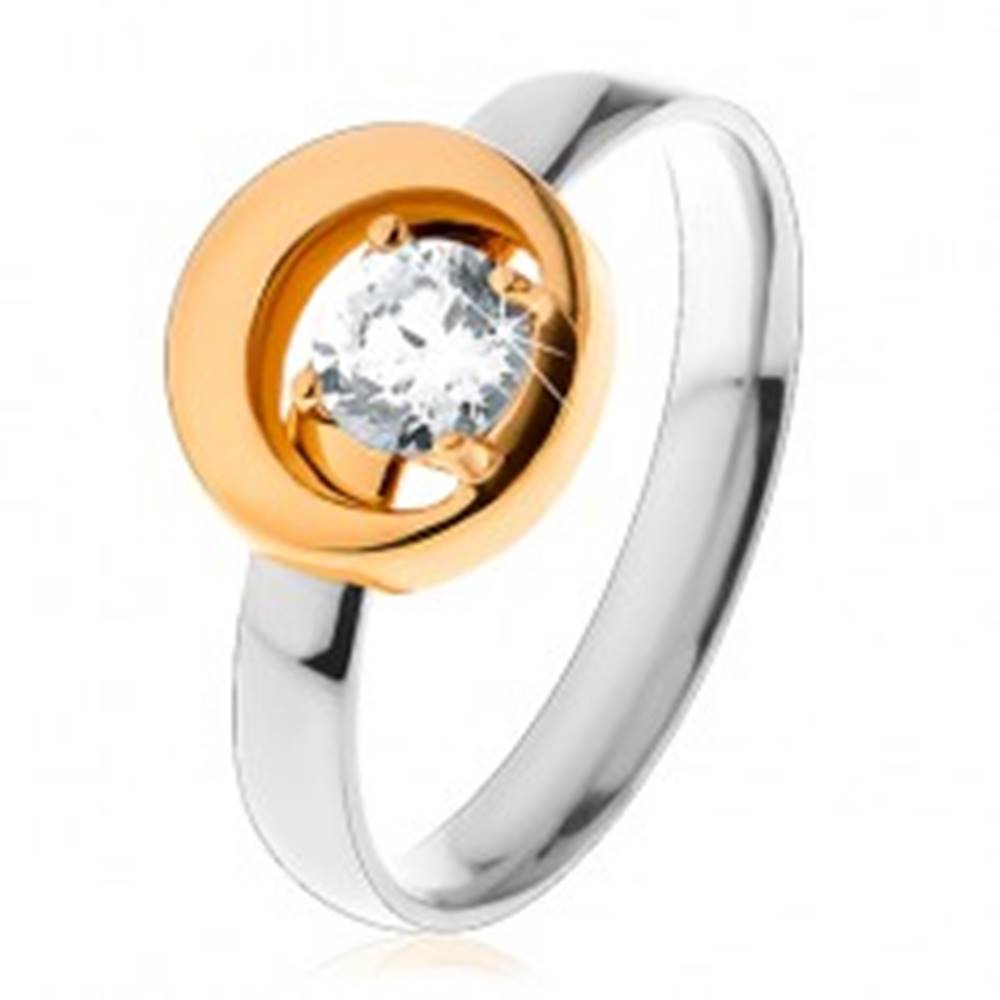 Šperky eshop Prsteň z ocele 316L, okrúhly číry zirkón v kruhu s výrezom, dvojfarebný - Veľkosť: 49 mm