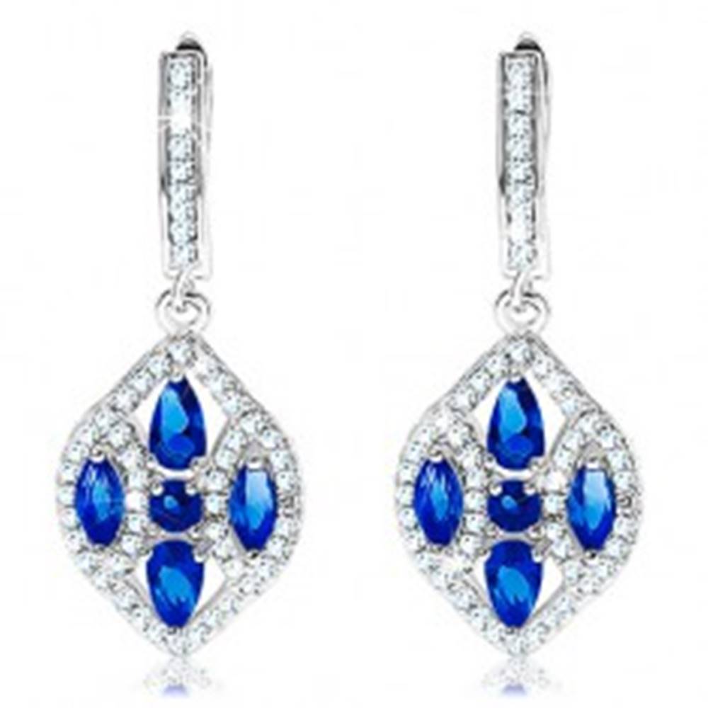 Šperky eshop Strieborné náušnice 925, široké zrnko zdobené modrými a čírymi zirkónmi