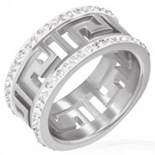 Lesklý oceľový prsteň s výrezom - grécky symbol, žiarivé pásy - Veľkosť: 51 mm