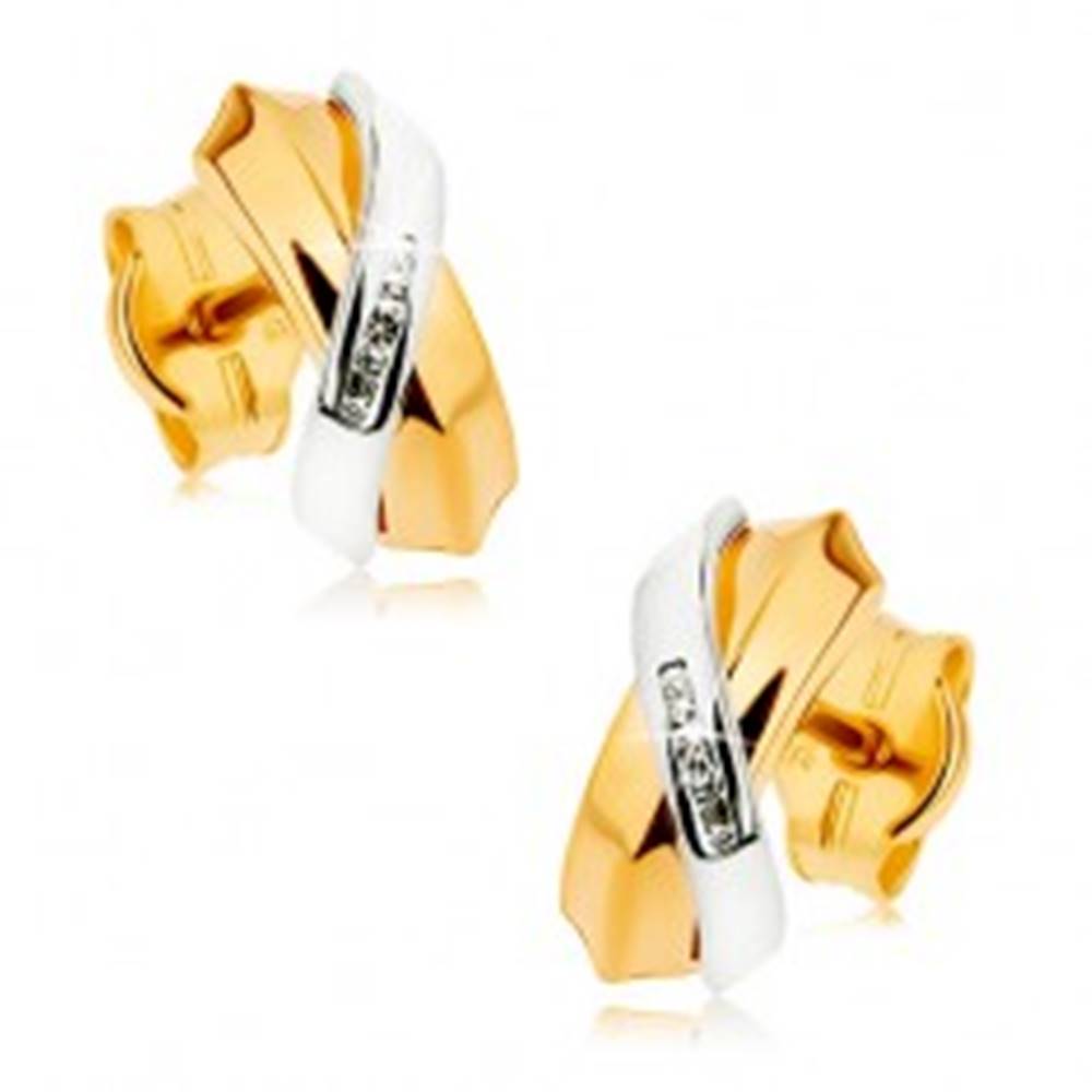 Šperky eshop Dvojfarebné náušnice z 9K zlata - prelínajúce sa oblúky, pás drobných zirkónov
