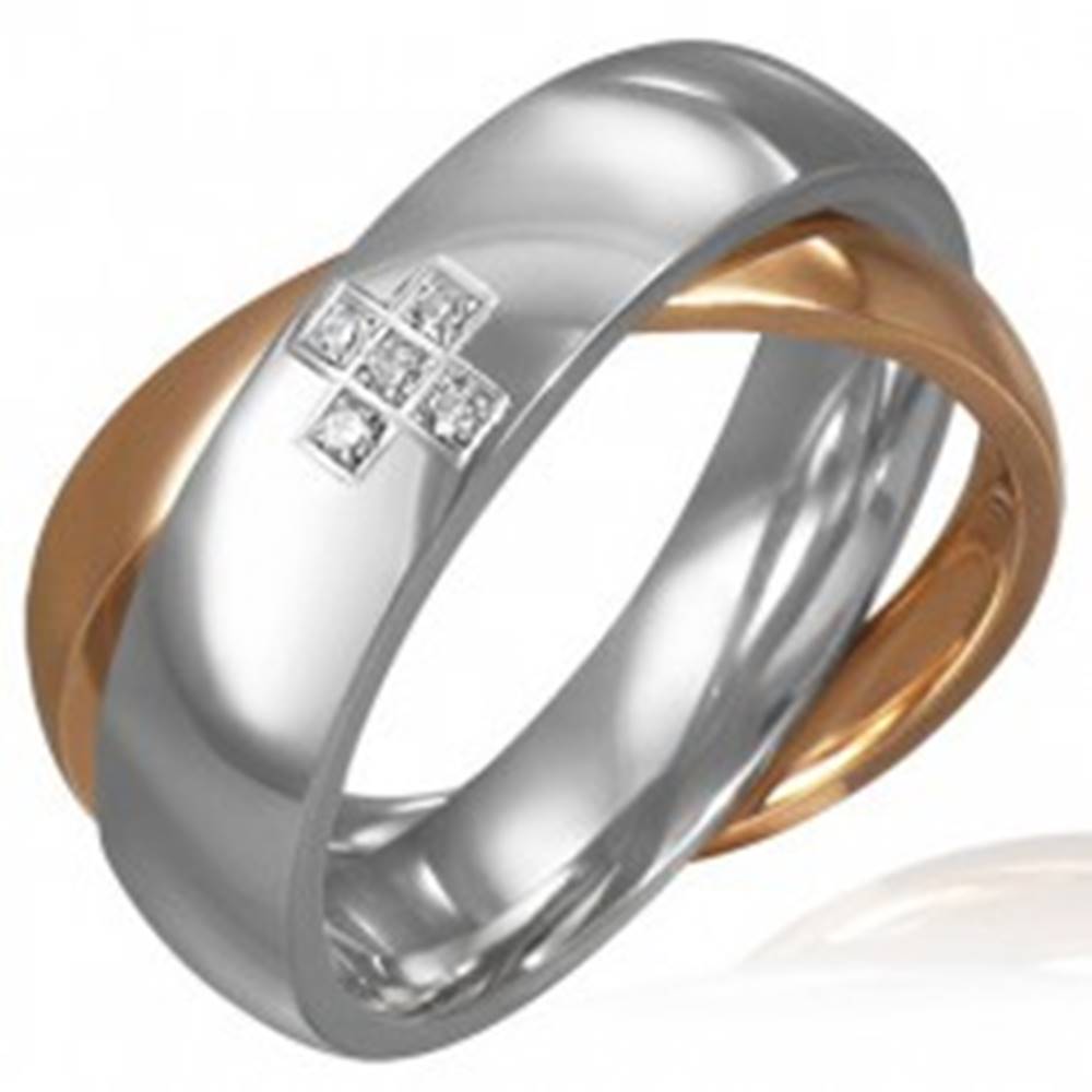 Šperky eshop Dvojitý oceľový prsteň - zirkónový kríž, zlatá a strieborná farba - Veľkosť: 46 mm