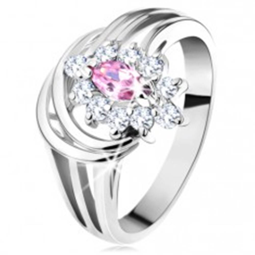 Šperky eshop Ligotavý prsteň, rozvetvené ramená, ružovo-číry zirkónový kvietok, oblúčiky - Veľkosť: 48 mm