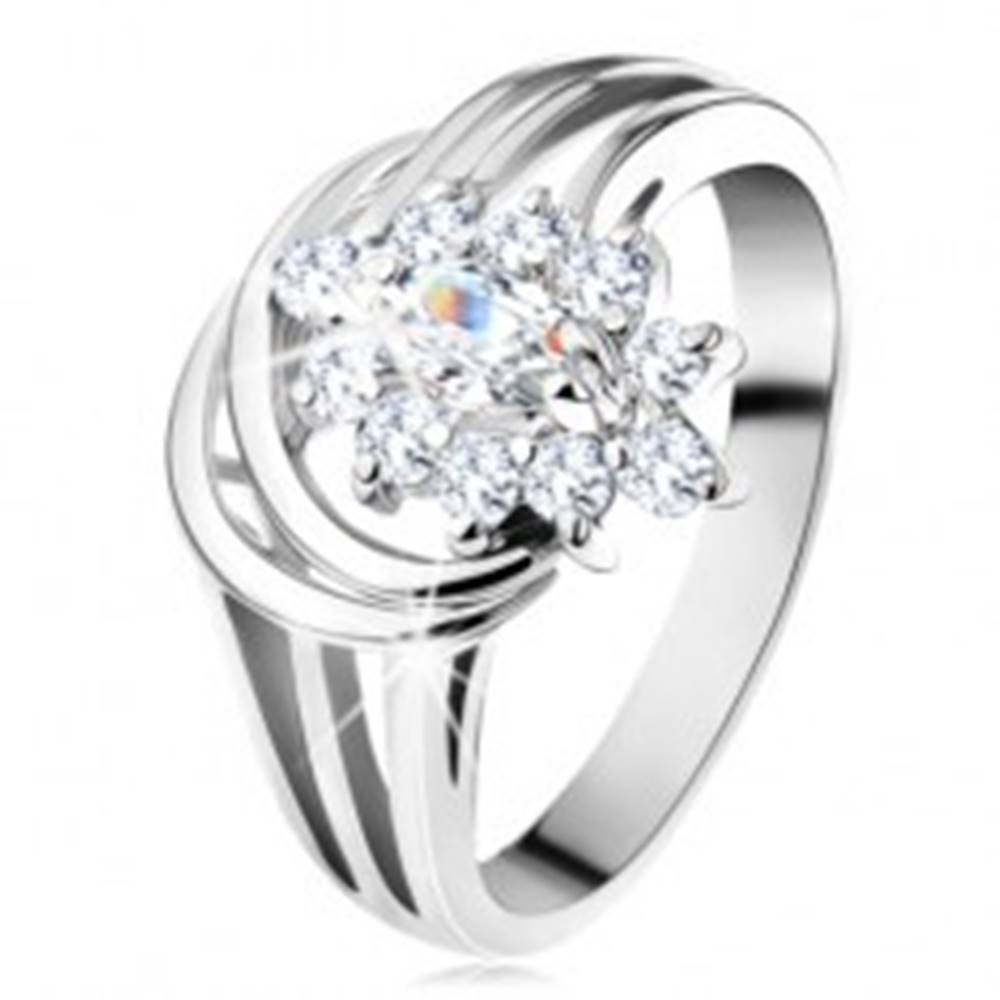 Šperky eshop Ligotavý prsteň, rozvetvené ramená v striebornom odtieni, číry zirkónový kvet - Veľkosť: 49 mm