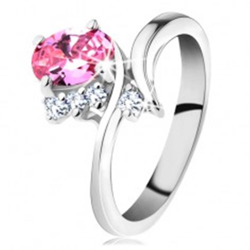 Šperky eshop Ligotavý prsteň so zahnutými ramenami, ružový oválny zirkón, čire zirkóniky - Veľkosť: 48 mm