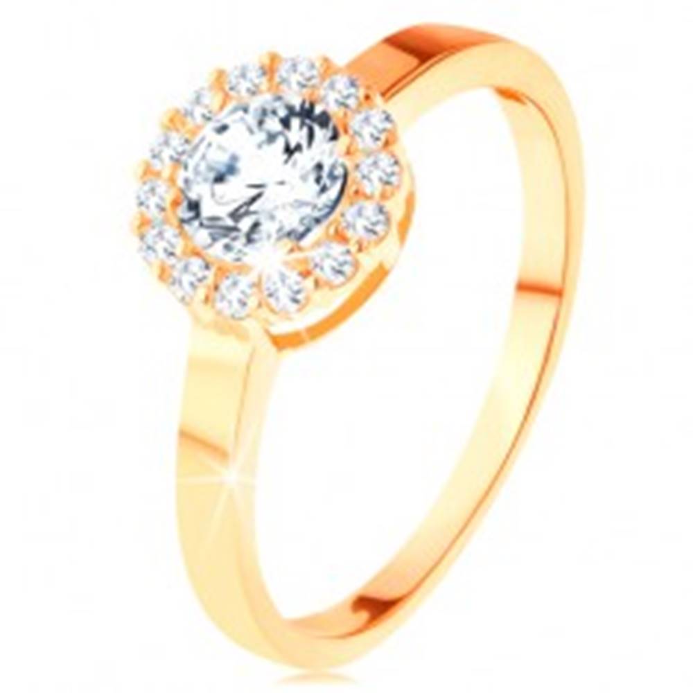 Šperky eshop Ligotavý prsteň v žltom 14K zlate - okrúhly zirkón s obrubou z čírych zirkónikov - Veľkosť: 49 mm