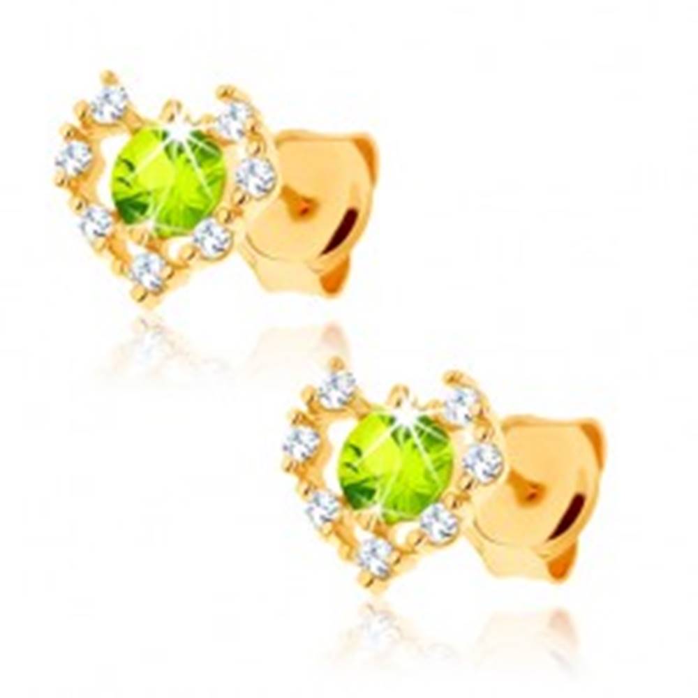 Šperky eshop Náušnice zo žltého 9K zlata - číry zirkónový obrys srdca, zelený olivín
