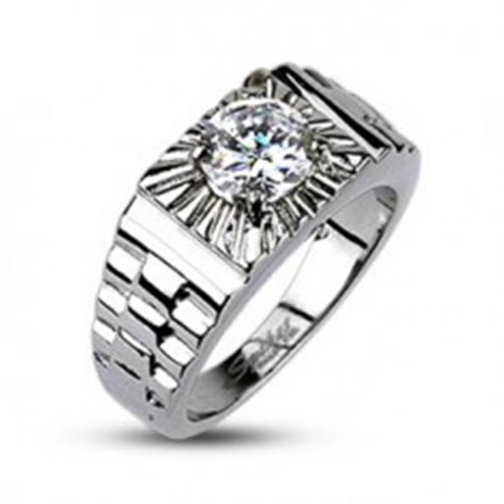 Šperky eshop Oceľový prsteň - lúče striebornej farby, hodinkový štýl - Veľkosť: 59 mm