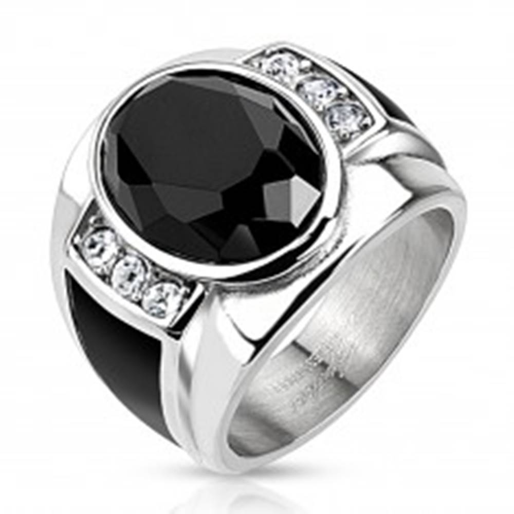 Šperky eshop Oceľový prsteň s čiernym brúseným oválom, čírymi zirkónmi a čiernymi pásmi - Veľkosť: 59 mm