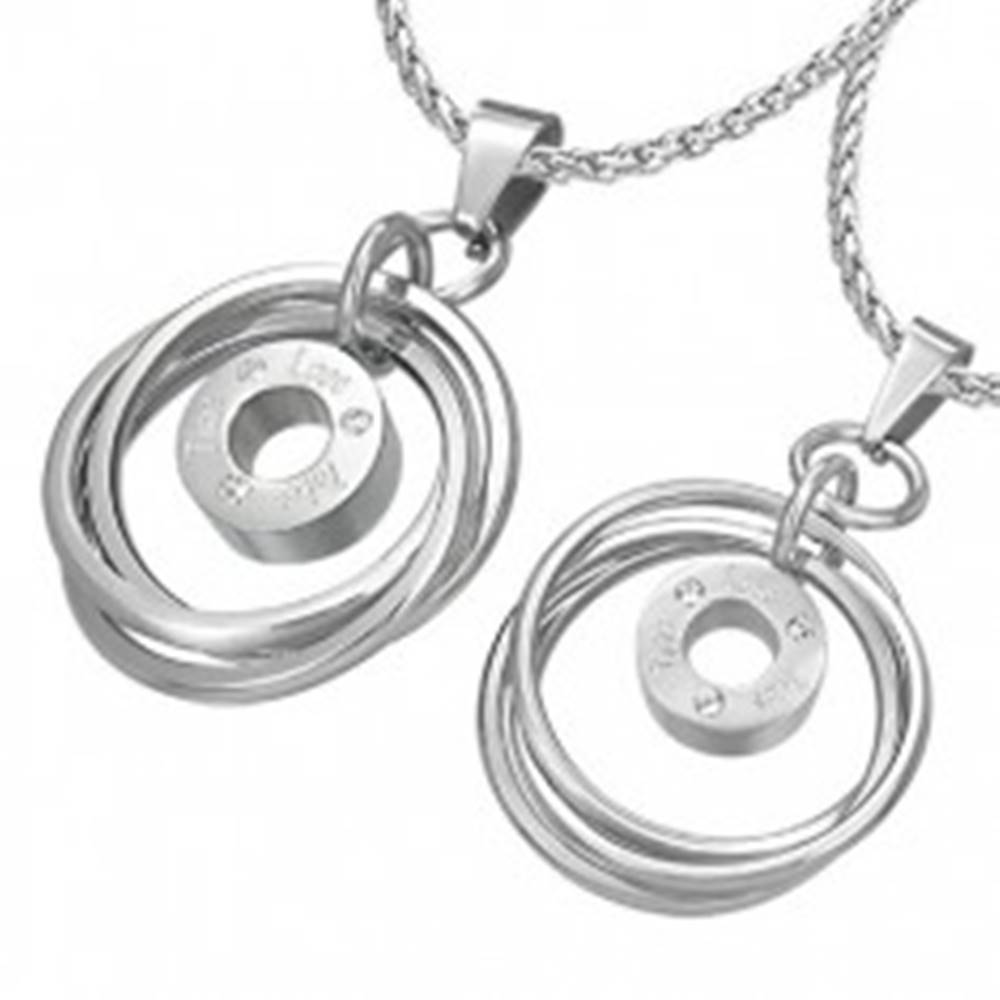 Šperky eshop Prívesok pre dvojicu - prepletené prstence so zirkónmi a nápisom