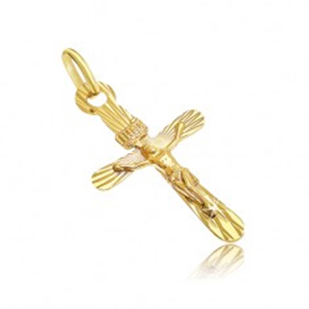 Šperky eshop Prívesok zo 14K zlata - oválny kríž s vystúpeným Kristom