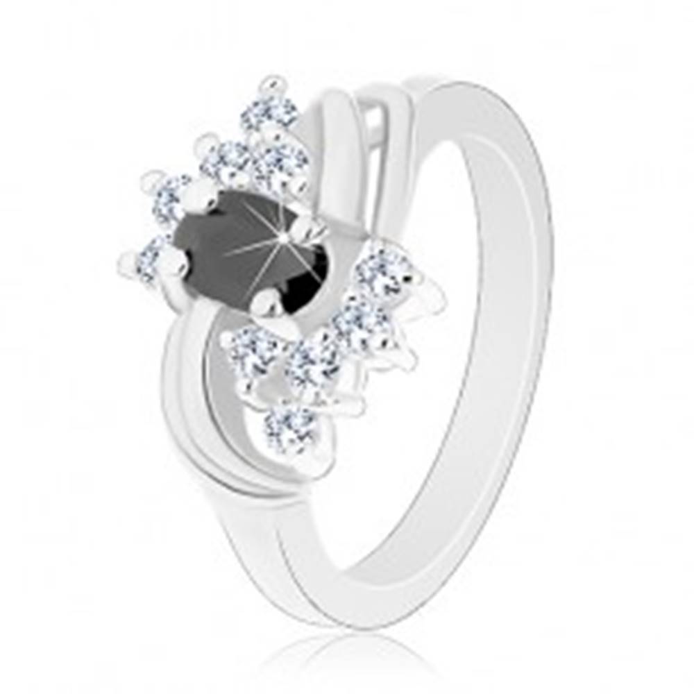 Šperky eshop Prsteň v striebornom odtieni s hladkými lesklými oblúkmi, čierno-číre zirkóny - Veľkosť: 49 mm