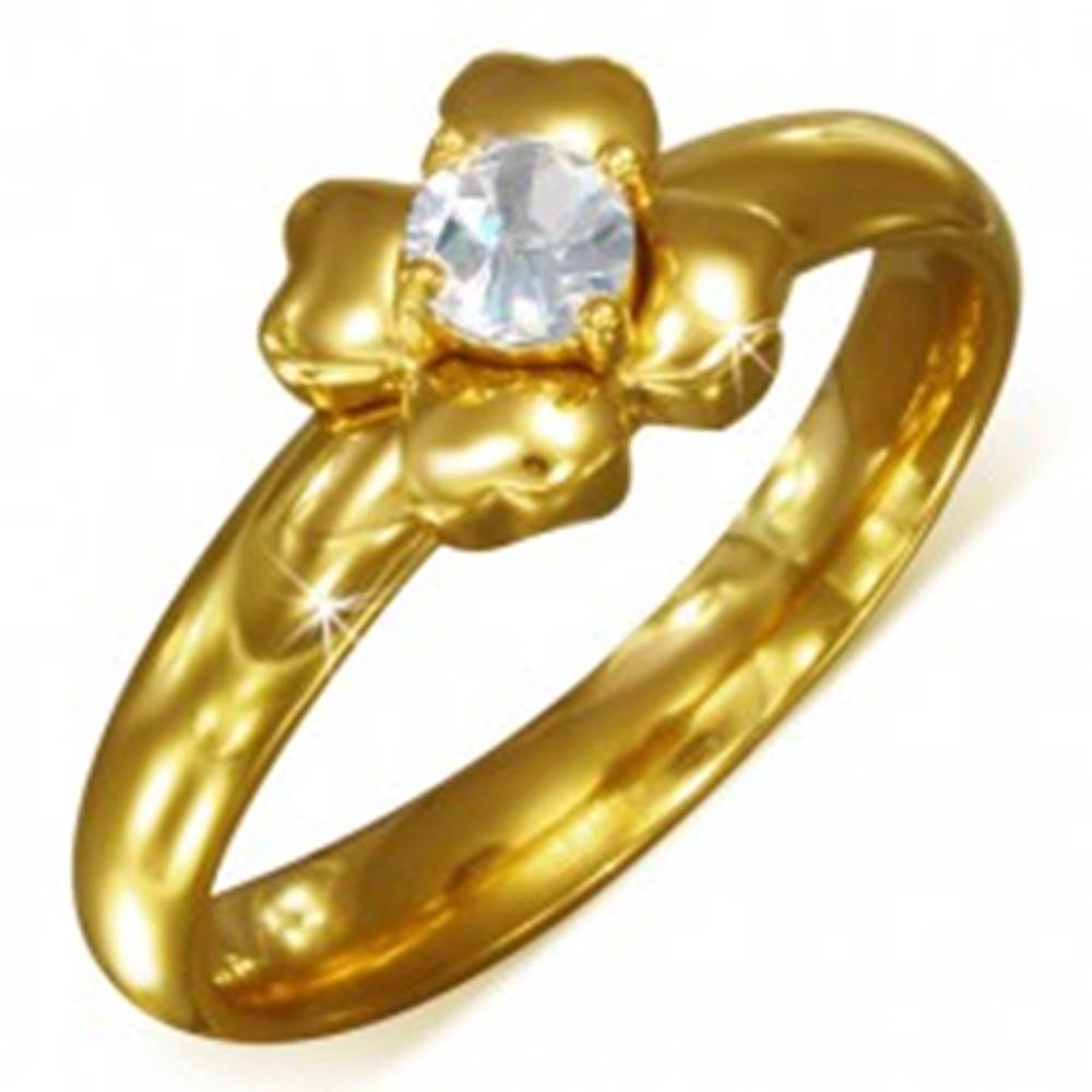 Šperky eshop Prsteň zlatej farby z chirurgickej ocele s čírym zirkónom - kvet - Veľkosť: 52 mm