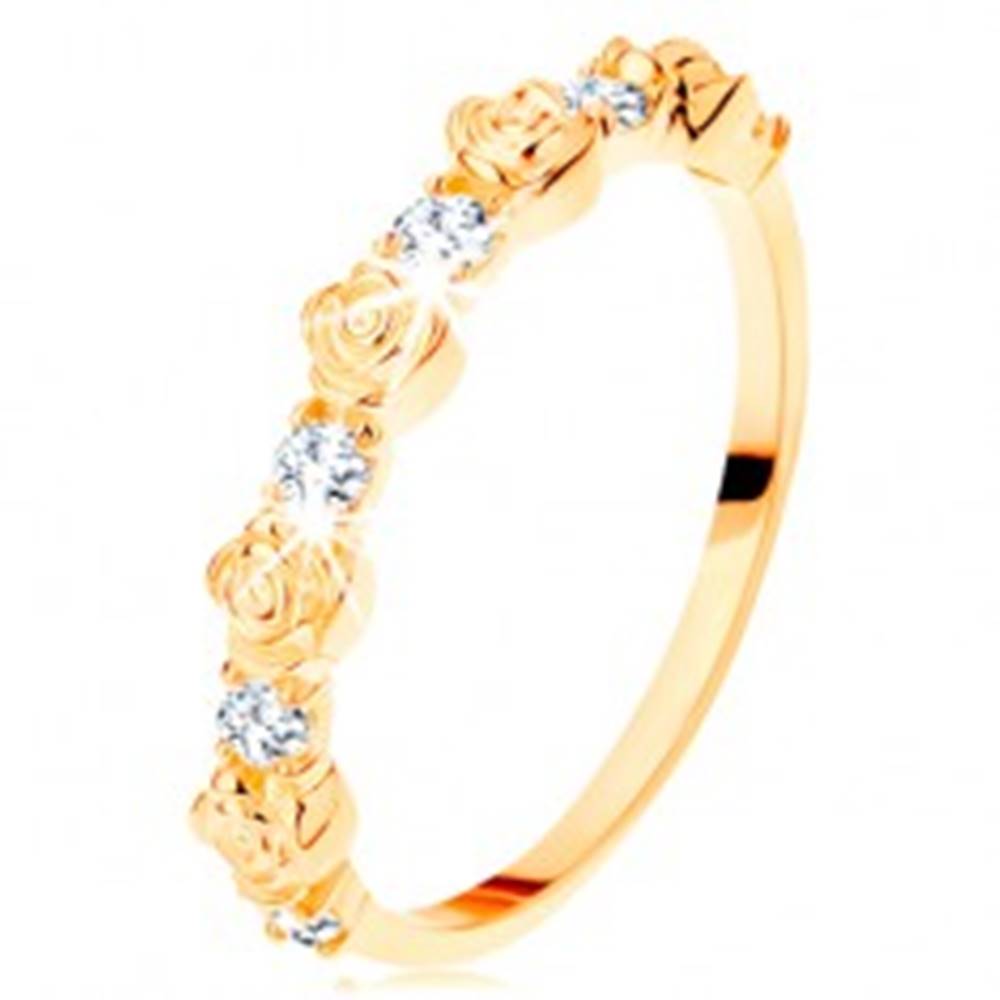 Šperky eshop Prsteň zo žltého 14K zlata - striedajúce sa ružičky a okrúhle číre zirkóny - Veľkosť: 49 mm