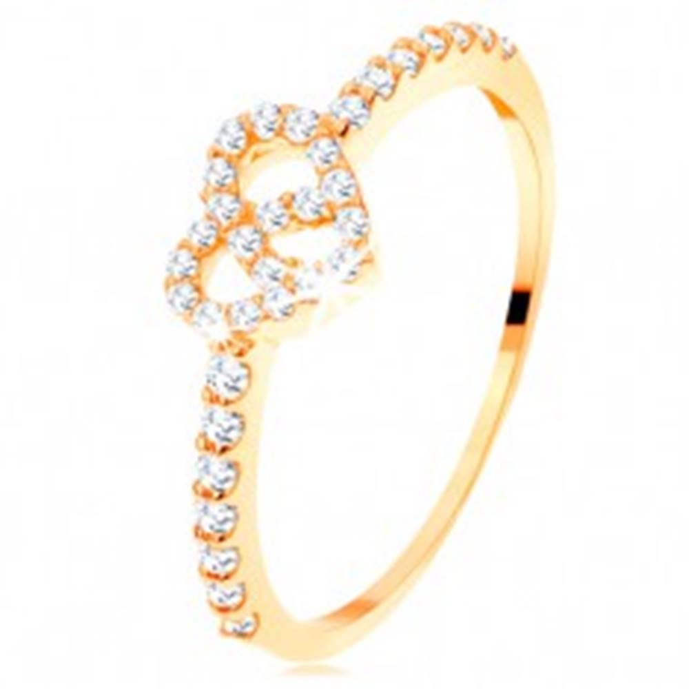 Šperky eshop Prsteň zo žltého 14K zlata - zirkónové ramená, ligotavý číry obrys srdca - Veľkosť: 49 mm