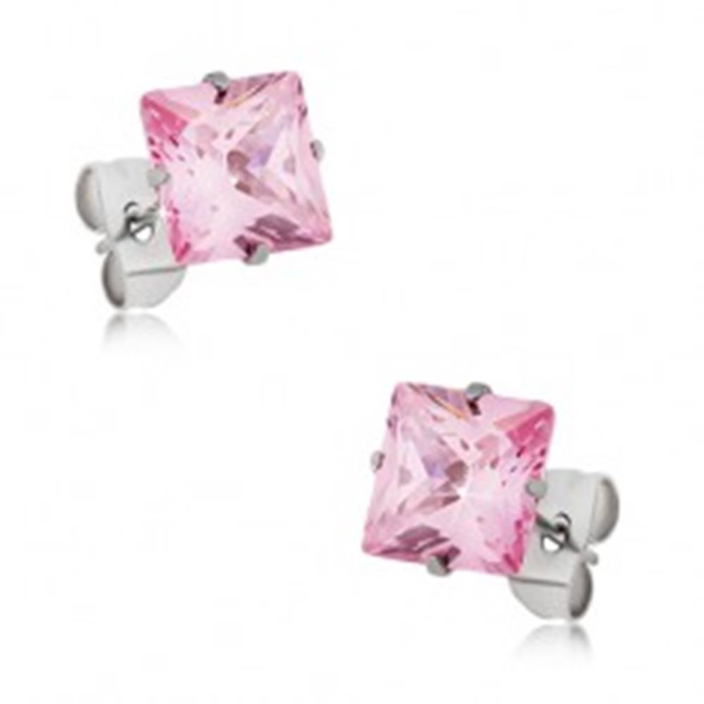 Šperky eshop Puzetové náušnice z ocele, ružový štvorcový zirkón - rôzne veľkosti - Rozmer: 4 x 4 mm