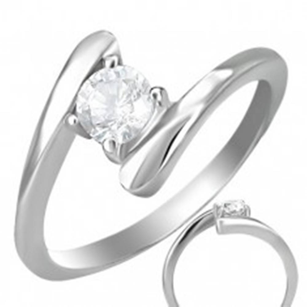 Šperky eshop Snubný prsteň - okrúhly zirkón uchytený medzi koncami prsteňa - Veľkosť: 49 mm
