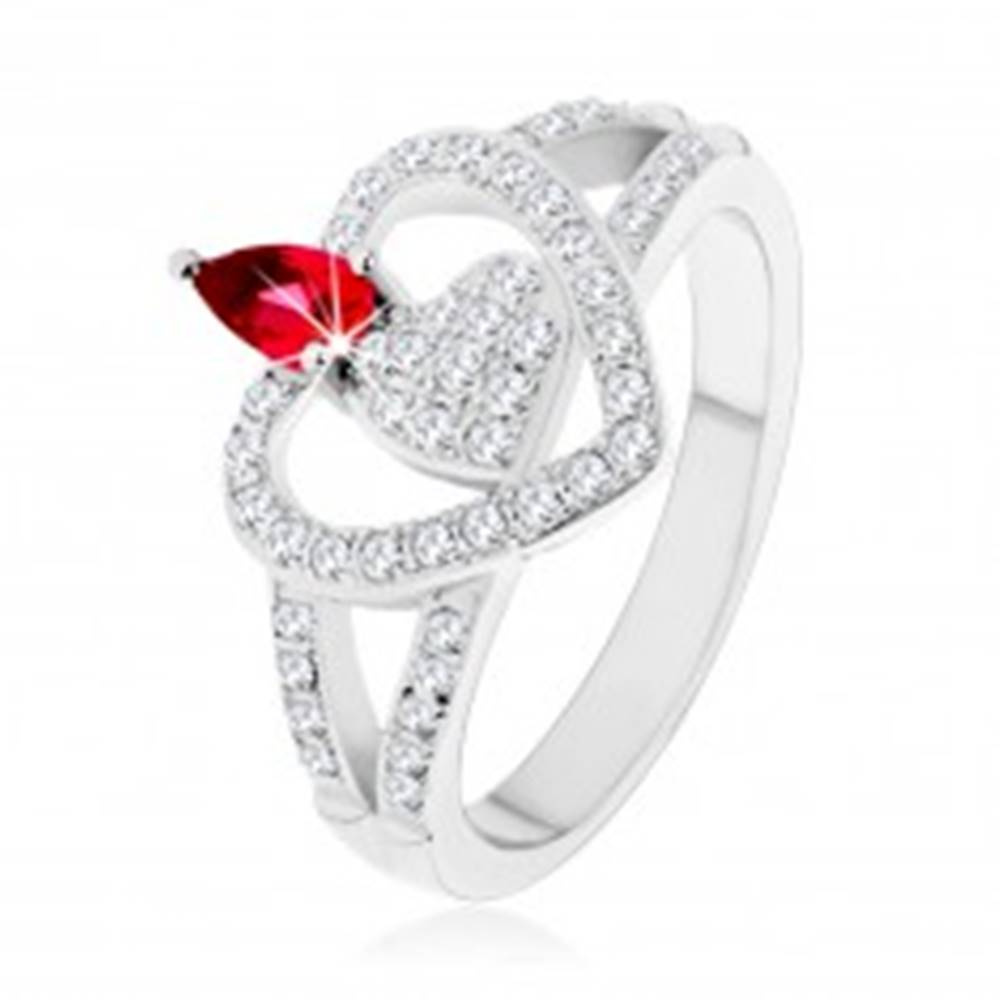 Šperky eshop Strieborný 925 prsteň, dve číre zirkónové srdcia, ligotavý ružový zirkón - Veľkosť: 50 mm