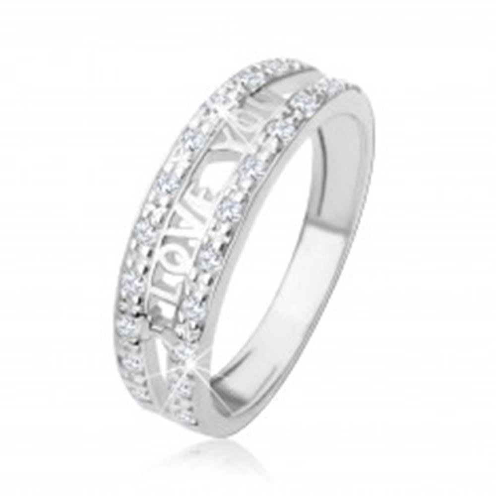 Šperky eshop Strieborný 925 prsteň - nápis "I LOVE YOU", pásy čírych zirkónov - Veľkosť: 48 mm