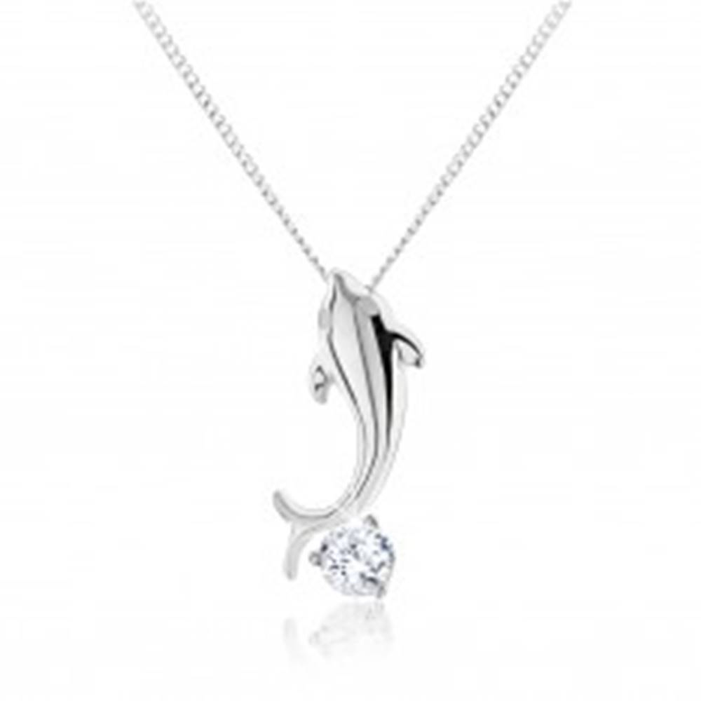 Šperky eshop Strieborný náhrdelník 925, lesklý malý delfín, brúsený zirkón čírej farby