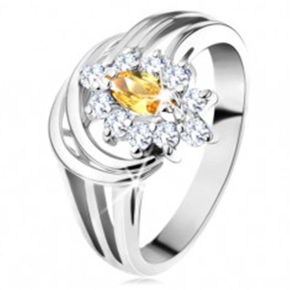 Šperky eshop Trblietavý prsteň s rozdelenými ramenami, zrnkový zirkón v žltej farbe, číry lem - Veľkosť: 49 mm