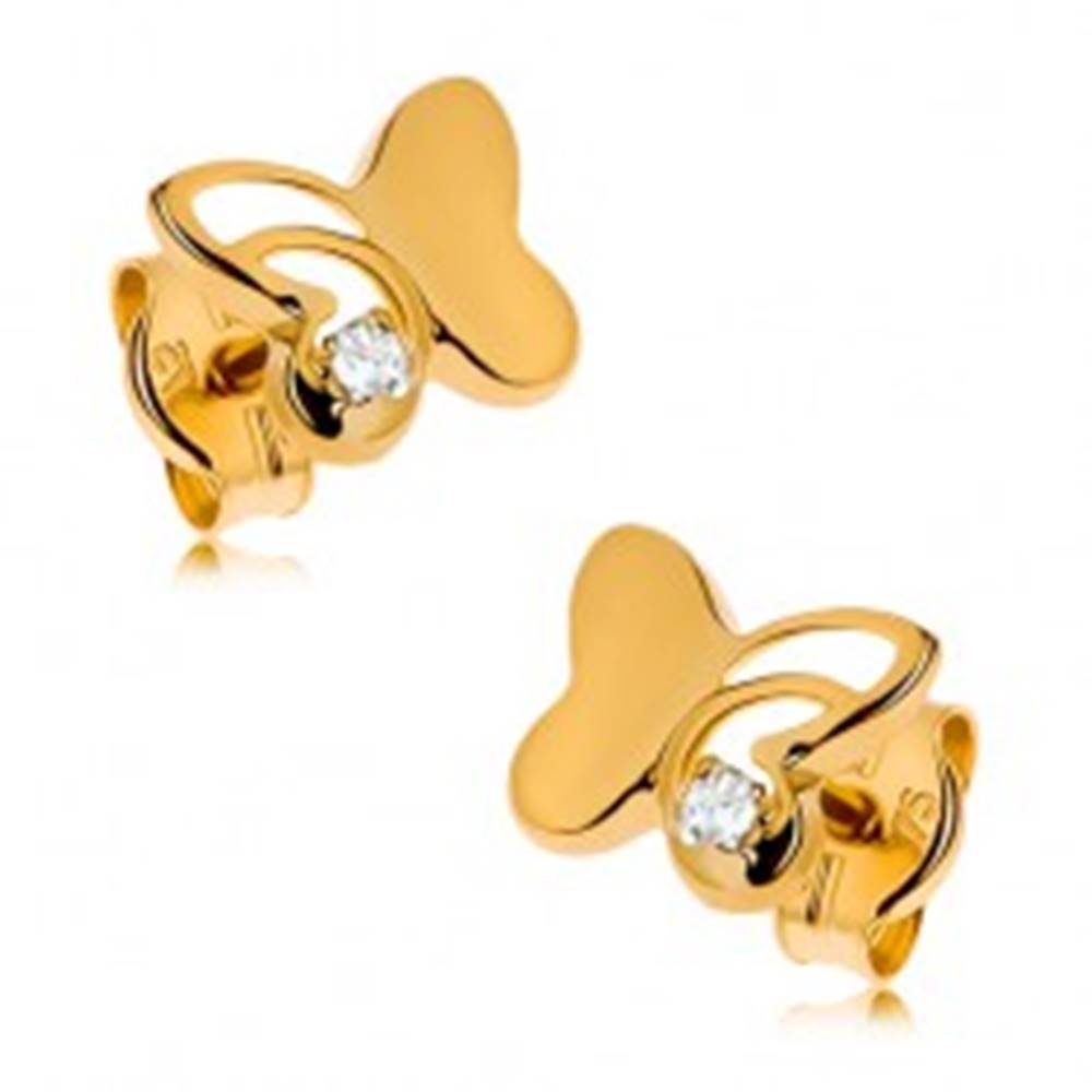 Šperky eshop Zlaté náušnice 375 - lesklý motýľ s vyrezávanou časťou, okrúhly zirkón čírej farby