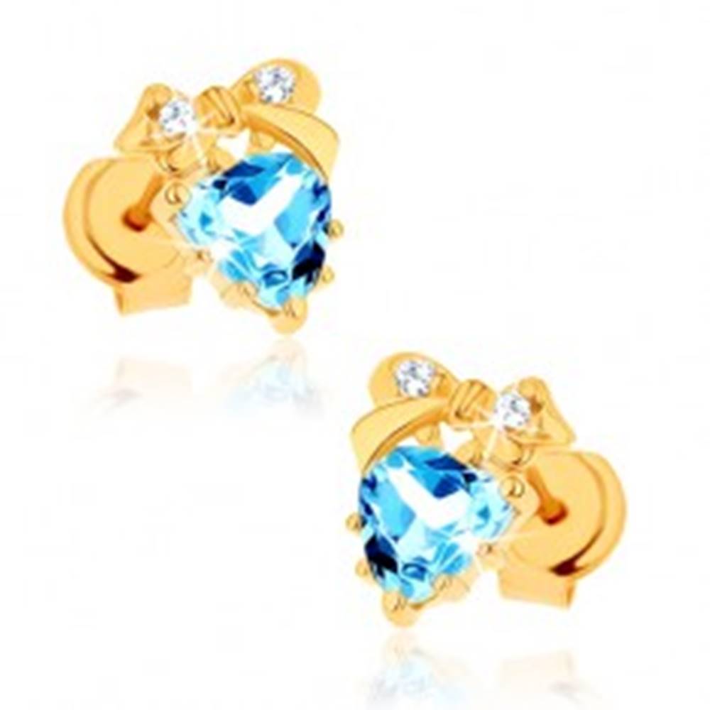 Šperky eshop Zlaté náušnice 375 - modré topásové srdiečko s mašličkou