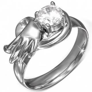 Oceľový prsteň s okrúhlym čírym zirkónom, anjelské krídlo - Veľkosť: 49 mm