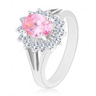 Prsteň so zirkónovým kvetom v ružovej a čírej farbe, rozdelené ramená - Veľkosť: 50 mm