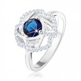 Strieborný 925 prsteň, trblietavý obrys kvetu, modrý okrúhly zirkón - Veľkosť: 51 mm