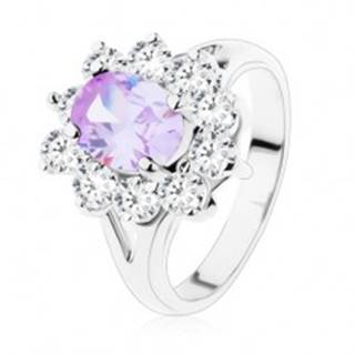 Trblietavý prsteň s rozdelenými ramenami, brúsené zirkóny vo svetlofialovej a čírej farbe - Veľkosť: 49 mm