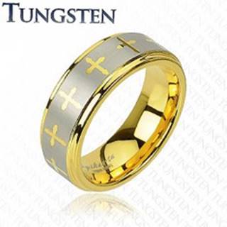 Tungstenový prsteň v zlatom odtieni, krížiky a pás striebornej farby, 8 mm - Veľkosť: 49 mm