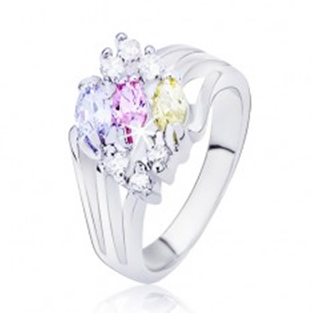 Šperky eshop Lesklý prsteň striebornej farby, rozvetvené ramená s farebnými oválnymi zirkónmi - Veľkosť: 50 mm