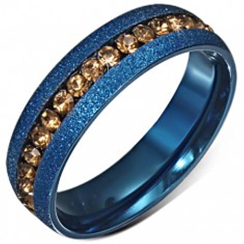Šperky eshop Modrá anodizovaná obrúčka s pieskovaným povrchom, žltý zirkónový pás - Veľkosť: 52 mm